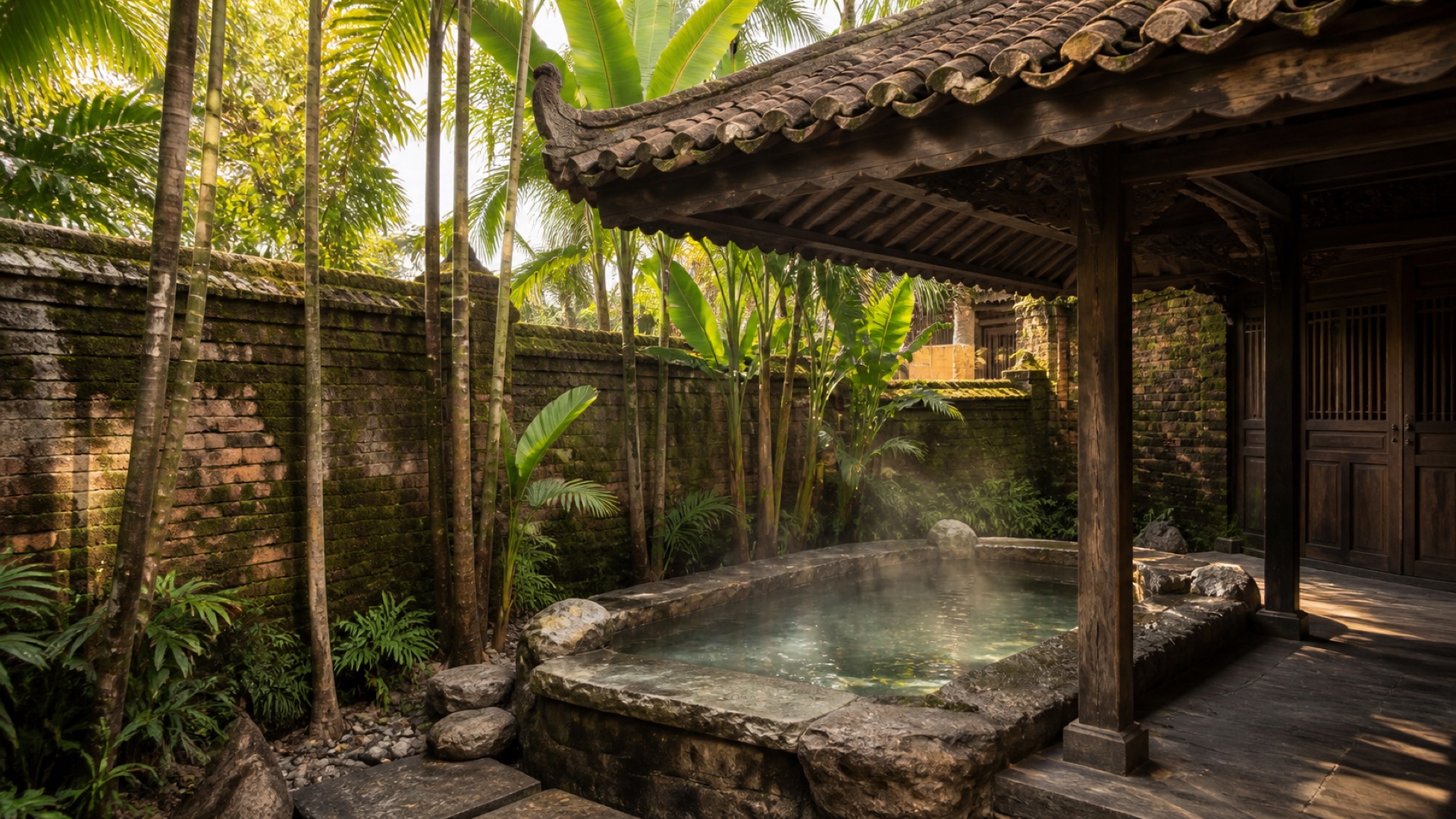 Bể ngâm đá ngoài trời trong sân vườn riêng của Ngự Uyển Garden Villa