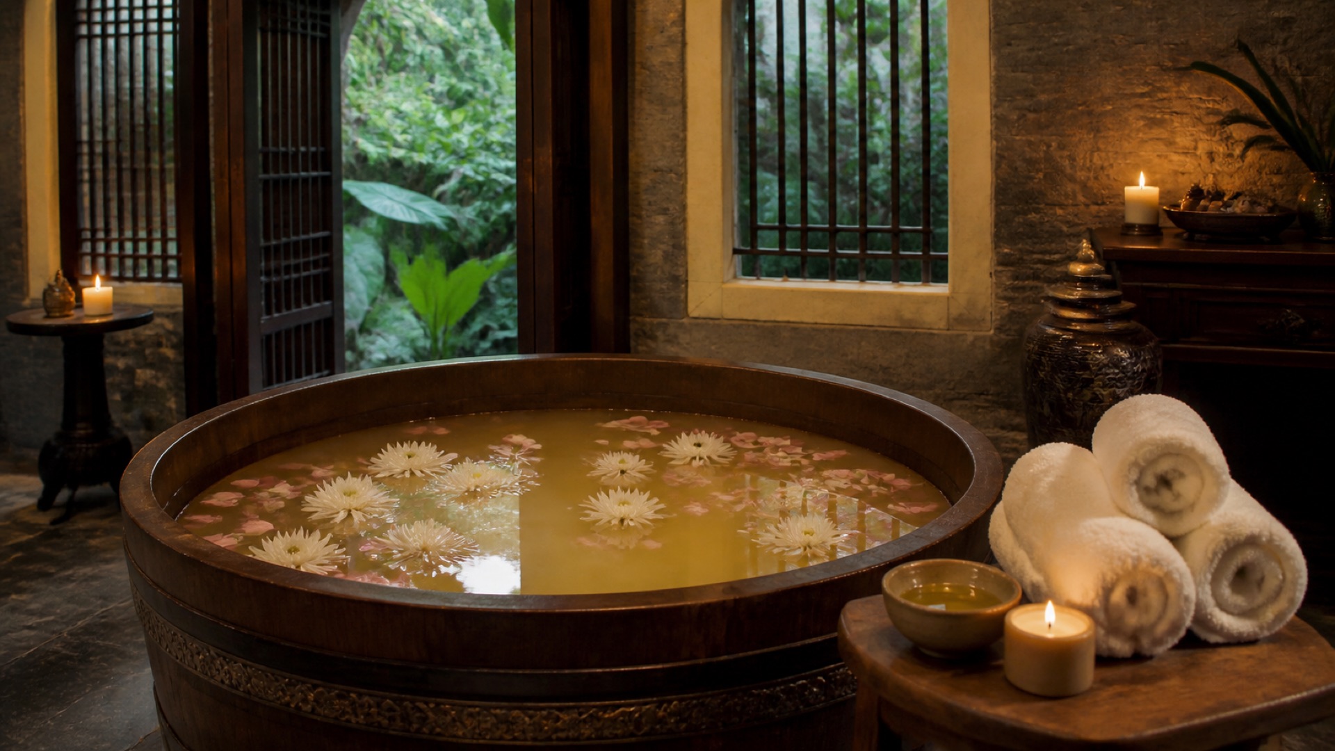 Bồn tắm thuốc Đông Y với hoa cúc và nến tại spa Vàng Son