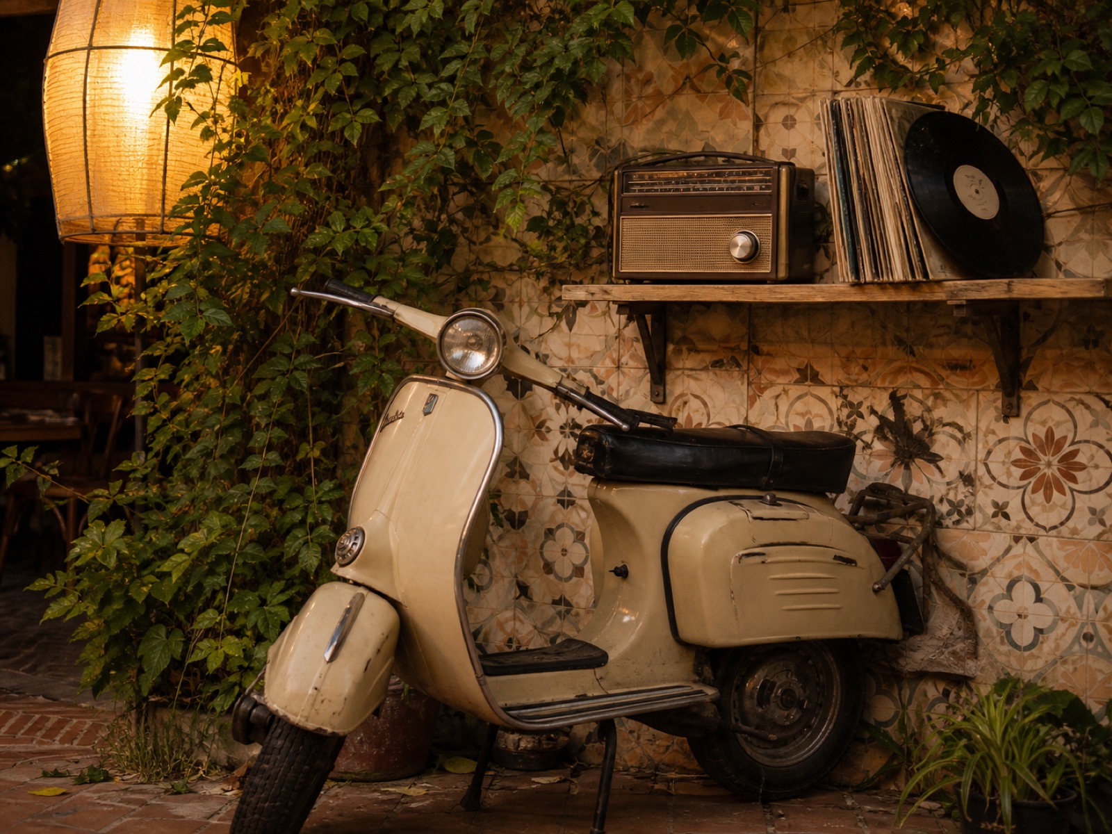 Xe Vespa cổ màu kem, radio transistor, đĩa than trên nền tường gạch bông