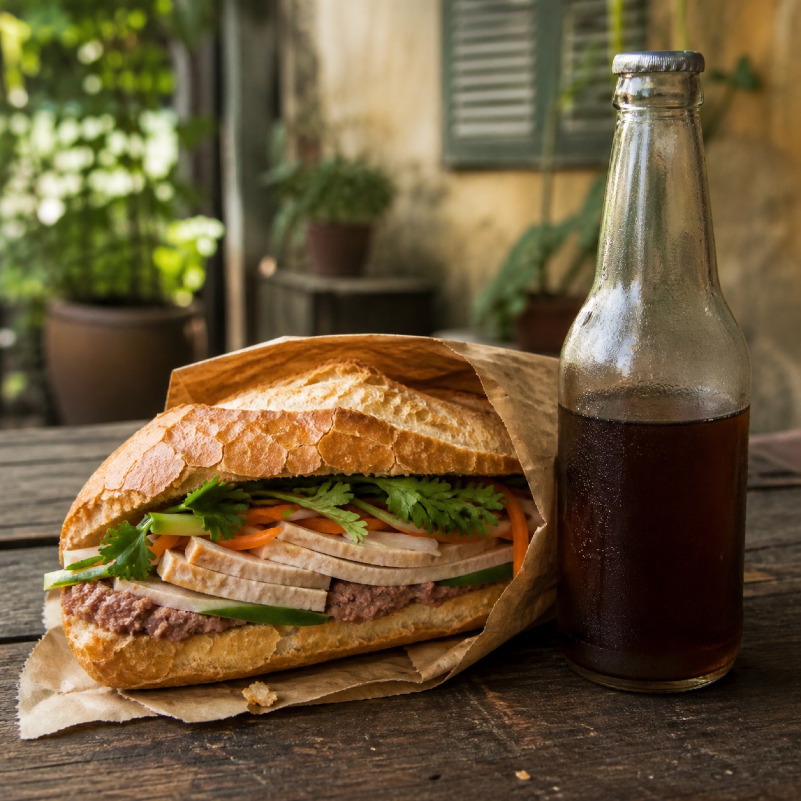 Bánh mì pate chả lụa gói giấy nâu cạnh chai xá xị